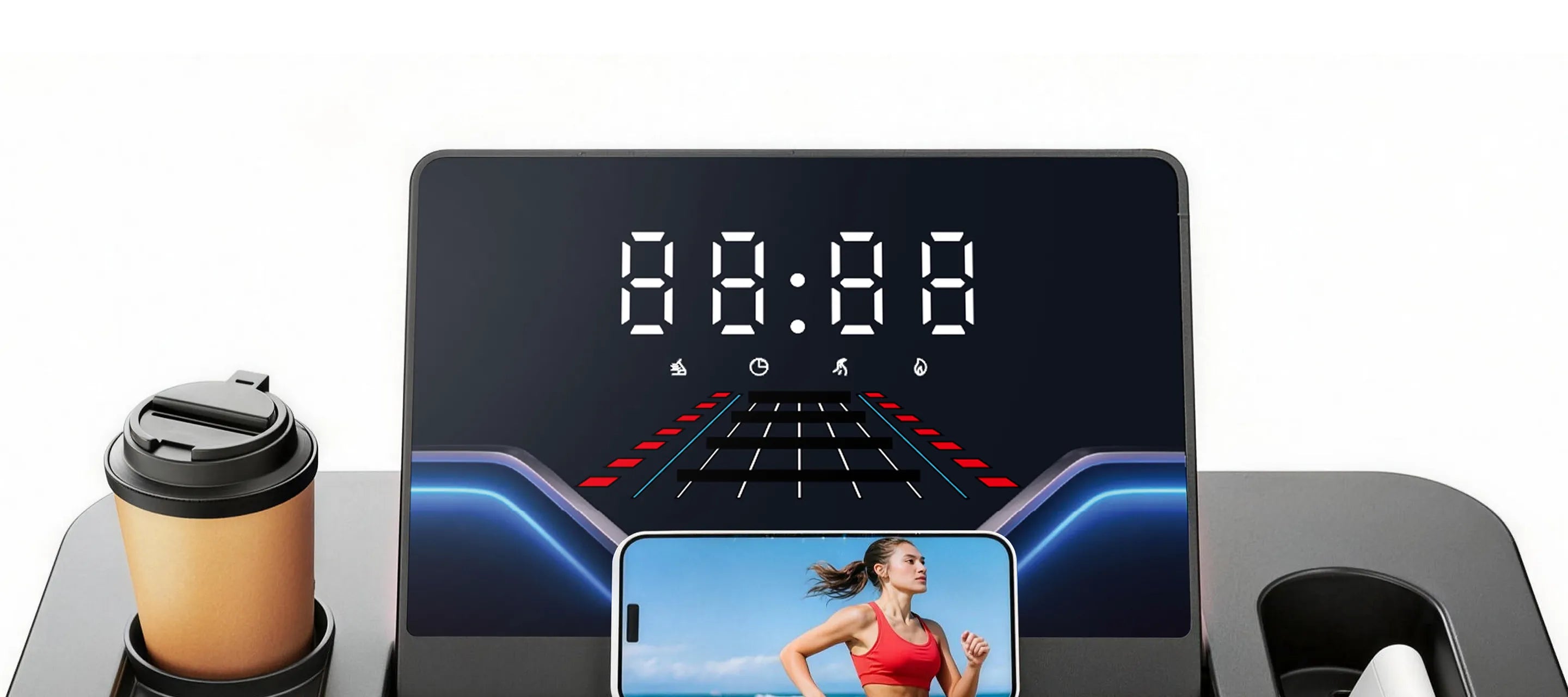 Digital clock with smartphone holder and coffee cup on a white background
