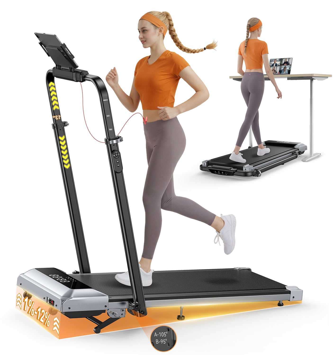 Side-by-side home fitness scenes: a woman runs on TP6 treadmill while another uses under-desk walking pad and watch videos.