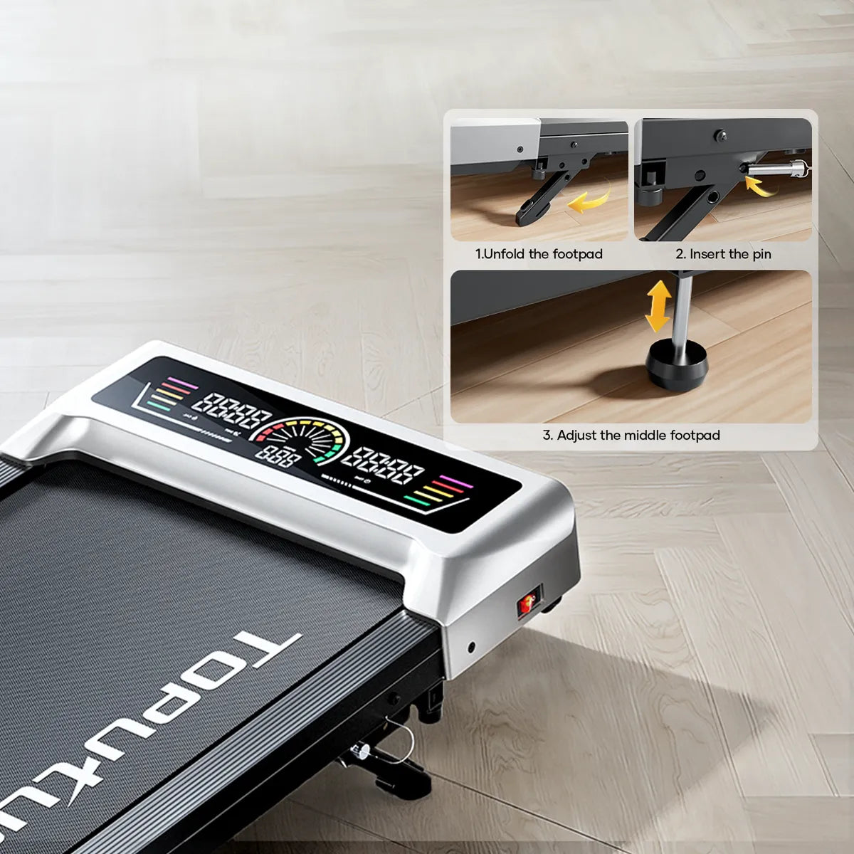 Three‑step visual guide showing how to adjust the walking pad’s incline: unfold, secure, lift—simple and tool‑free.