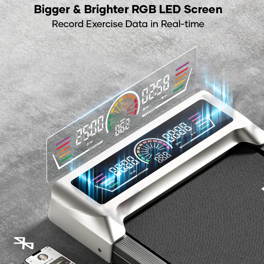 Dynamic RGB LED lighting pulses and flows with your pace — soft blue for steady walks, vibrant green for active strides, bold red for full-speed runs. Every step comes alive in color.
