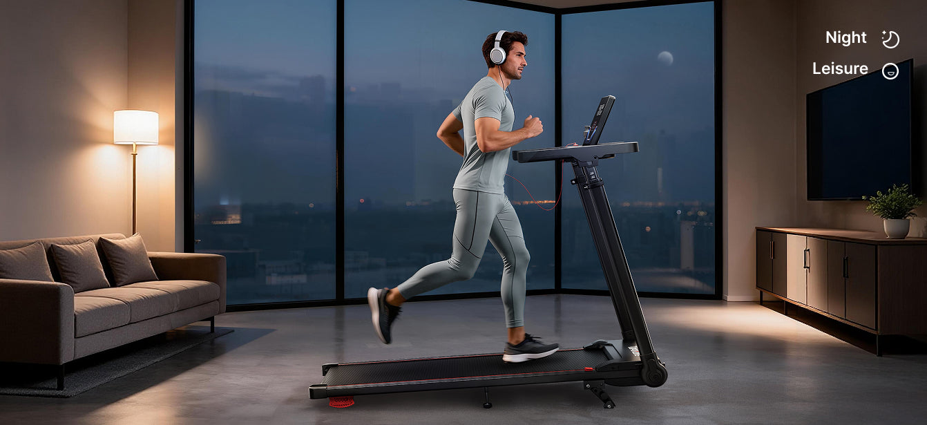 A man wearing headphones running on a treadmill at home during the night, showing an immersive and focused indoor workout atmosphere.
