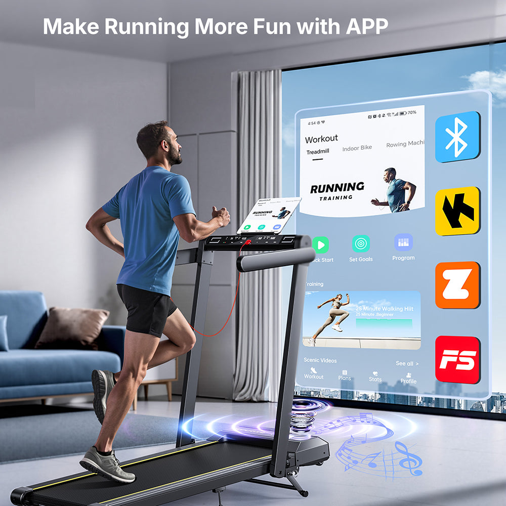 A man running on TP5 while connected to a fitness app, showing how app integration makes workouts more engaging and enjoyable.