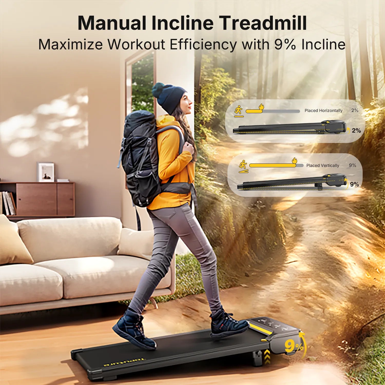Manual incline treadmill with a person using it, showing 9% incline feature.
