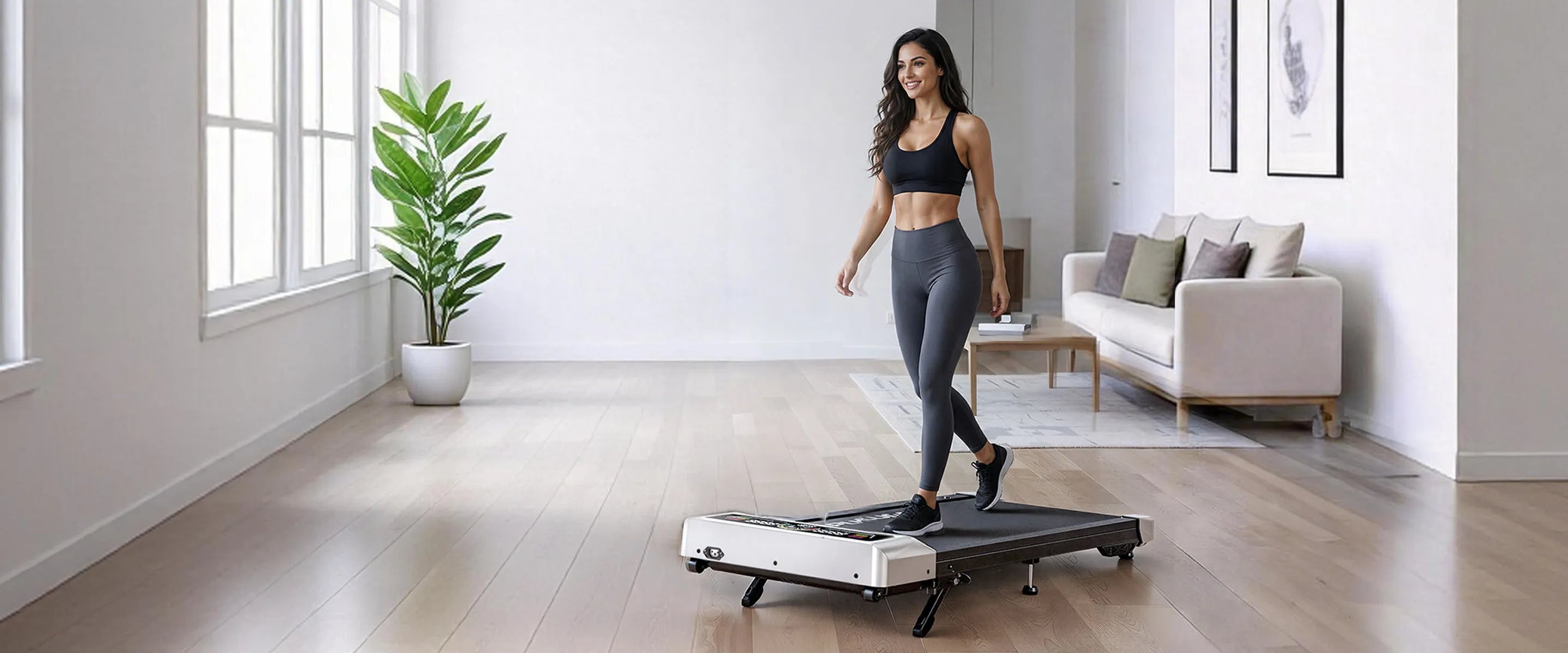 A woman enjoying a casual walk on a TP8 walking pad in her living room, integrating gentle daily movement into her home routine.
