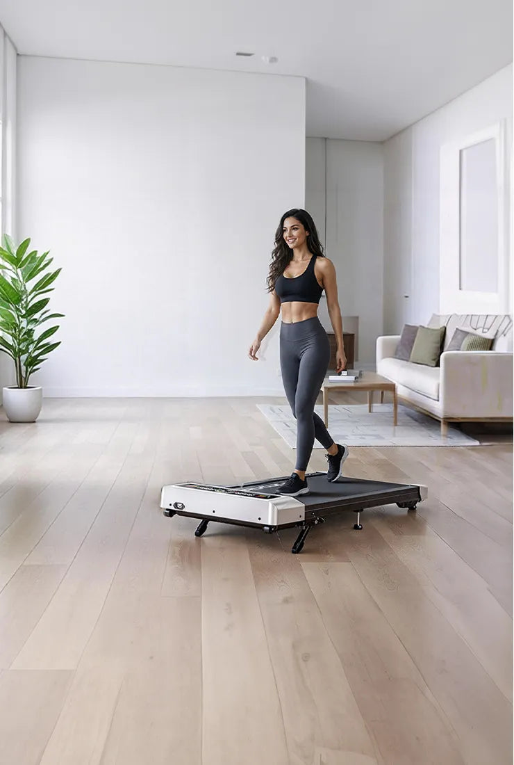 A woman enjoying a casual walk on a TP8 walking pad in her living room, integrating gentle daily movement into her home routine.
