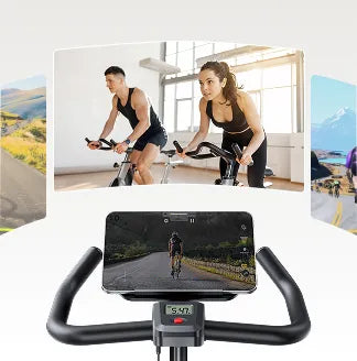 A dynamic display of various app screens (FitShow, Zwift, Kinomap) surrounding the exercise bike, showcasing diverse workout options and connectivity.
