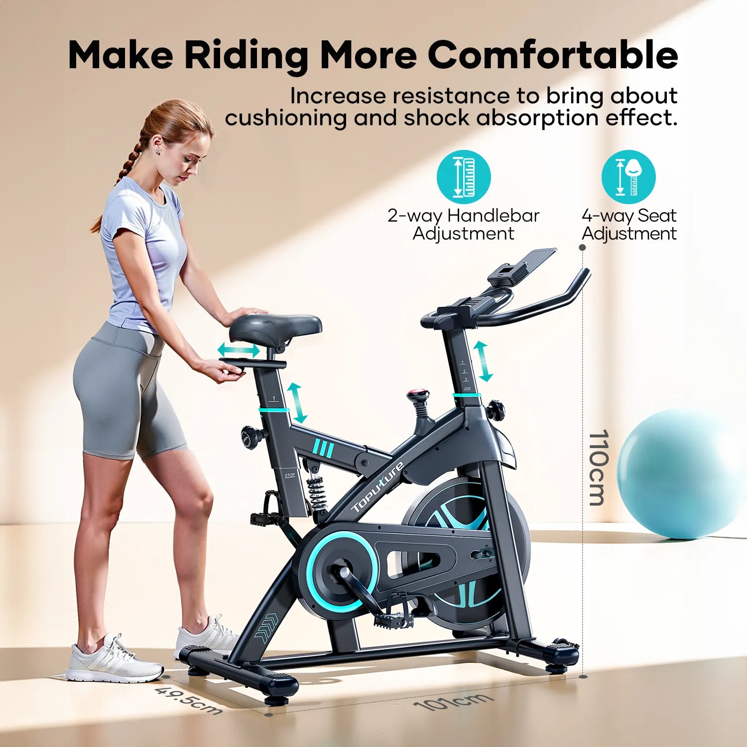 Woman adjusting an exercise bike with features highlighted on a beige background