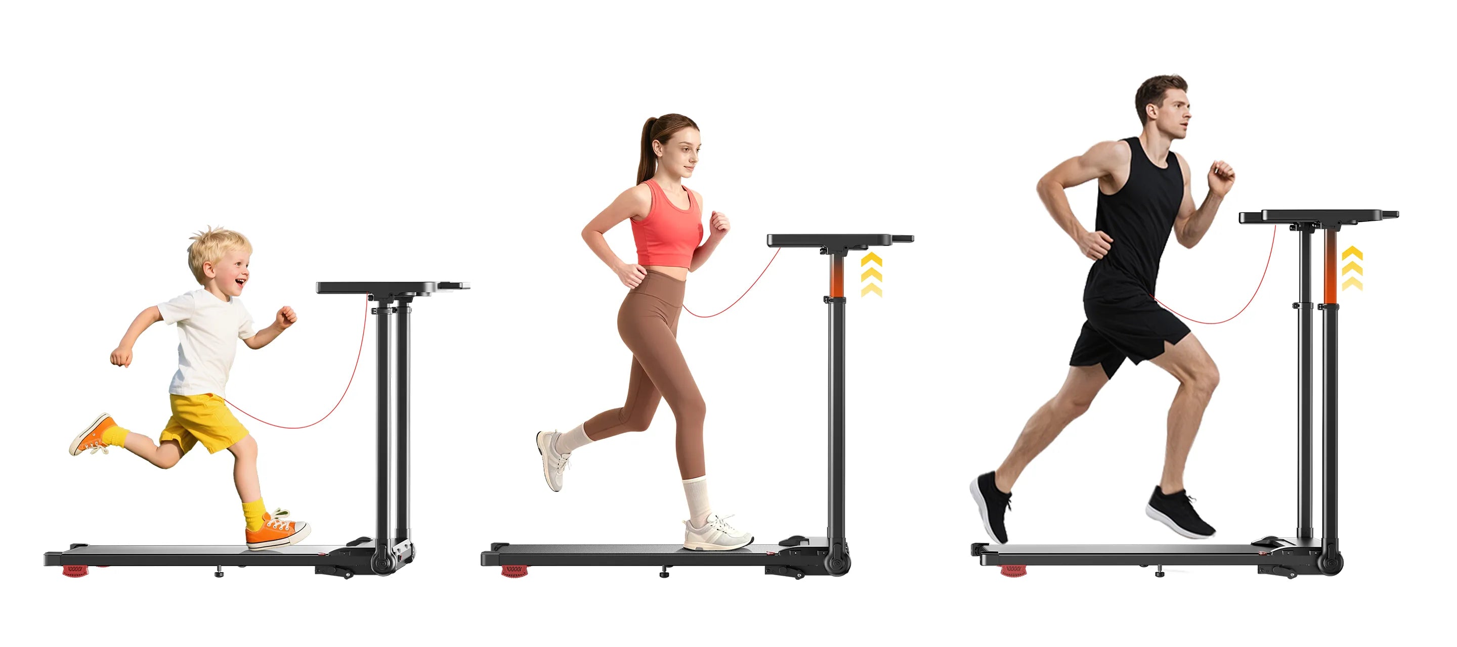 Three people — a child, a woman, and a man — using the same treadmill with handrails adjusted to three different heights to fit each user perfectly.
