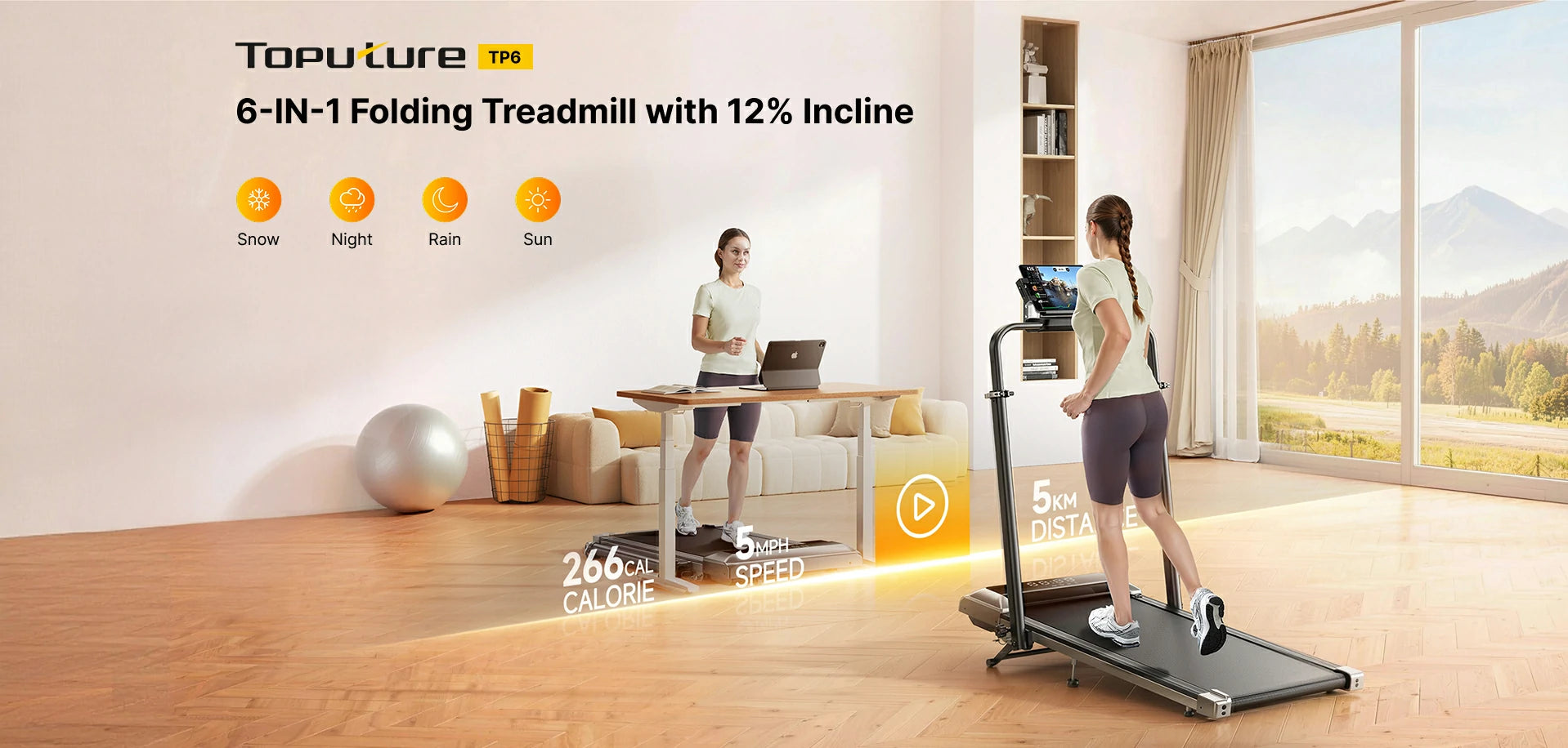 Side-by-side home scenes: one woman runs at a 12% incline watching videos; another walks under her desk.