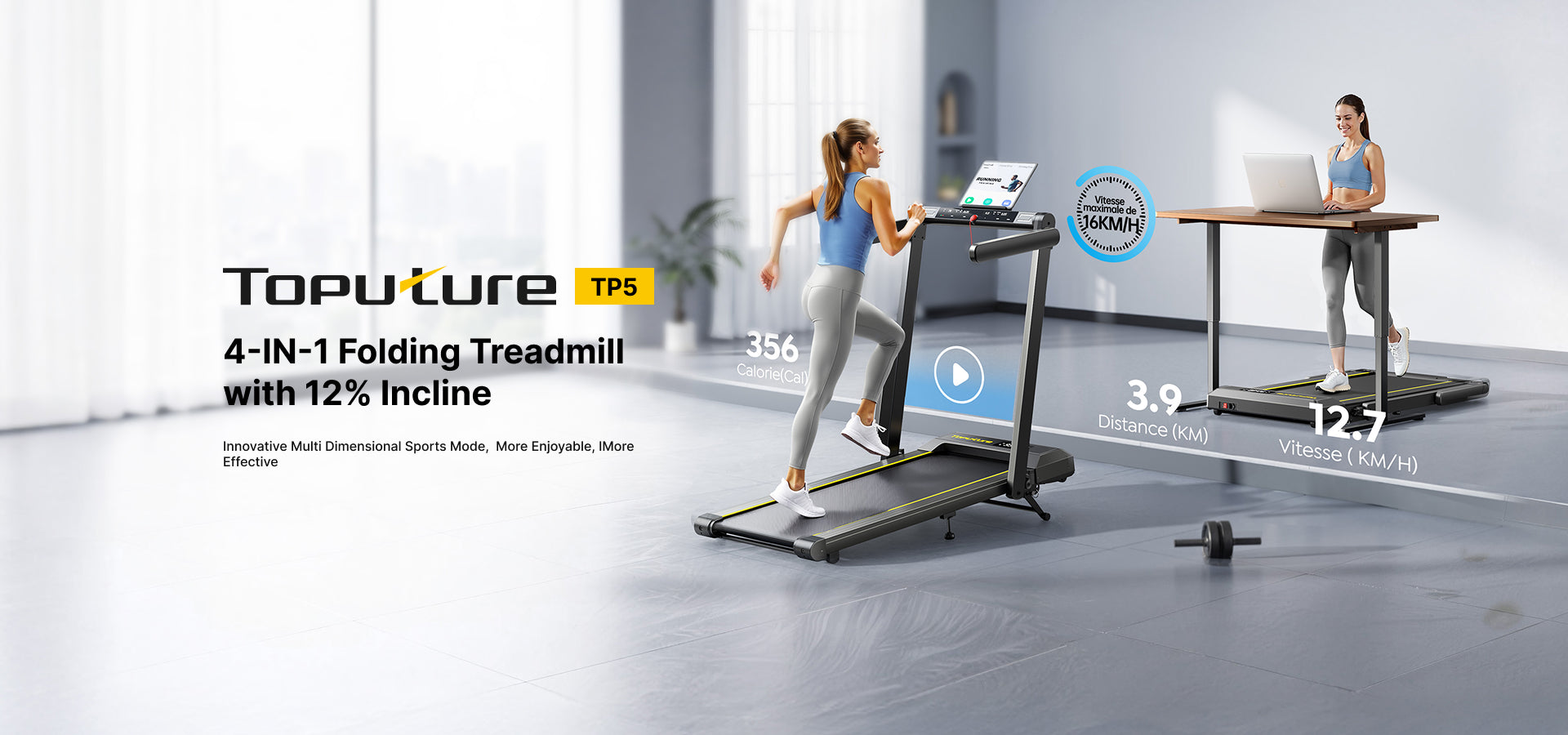 Two women using TP5 treadmill at home: one running and another walking under her desk for versatile fitness.