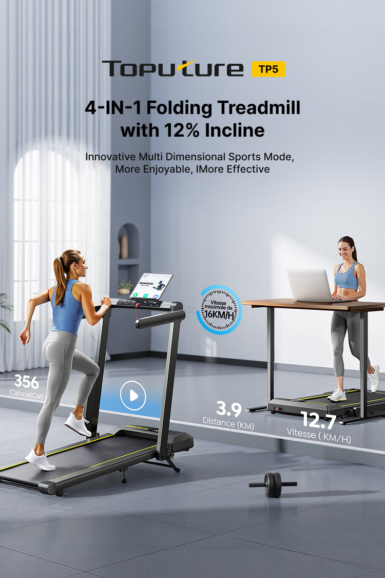 Two women using TP5 treadmill at home: one running and another walking under her desk for versatile fitness.