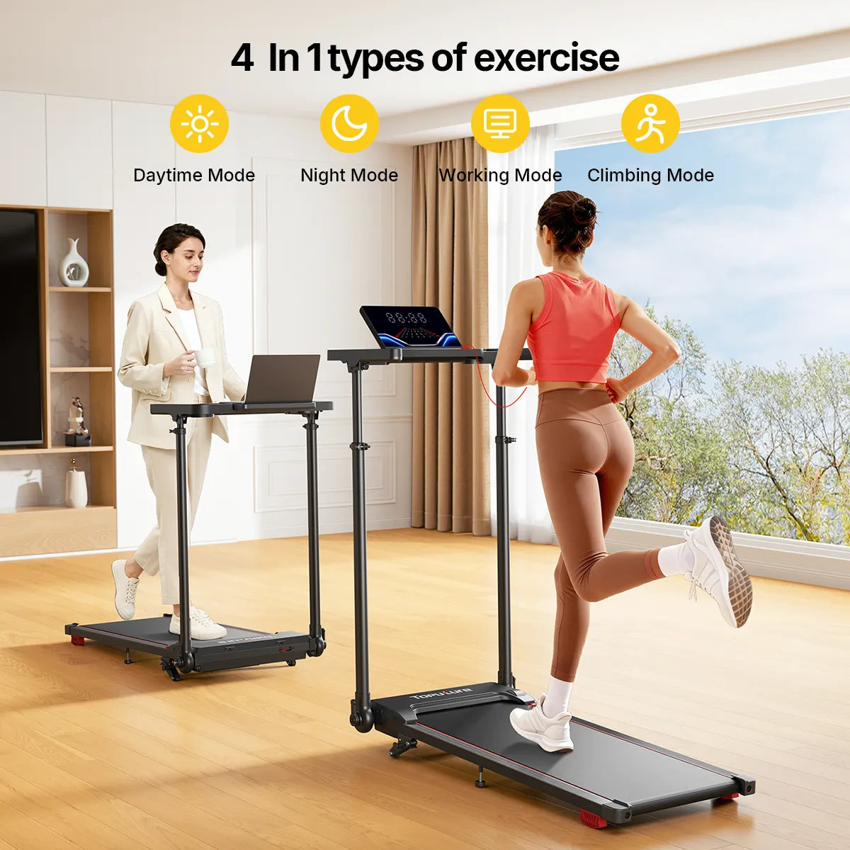 Woman using a treadmill with four exercise modes displayed above, in a home setting.