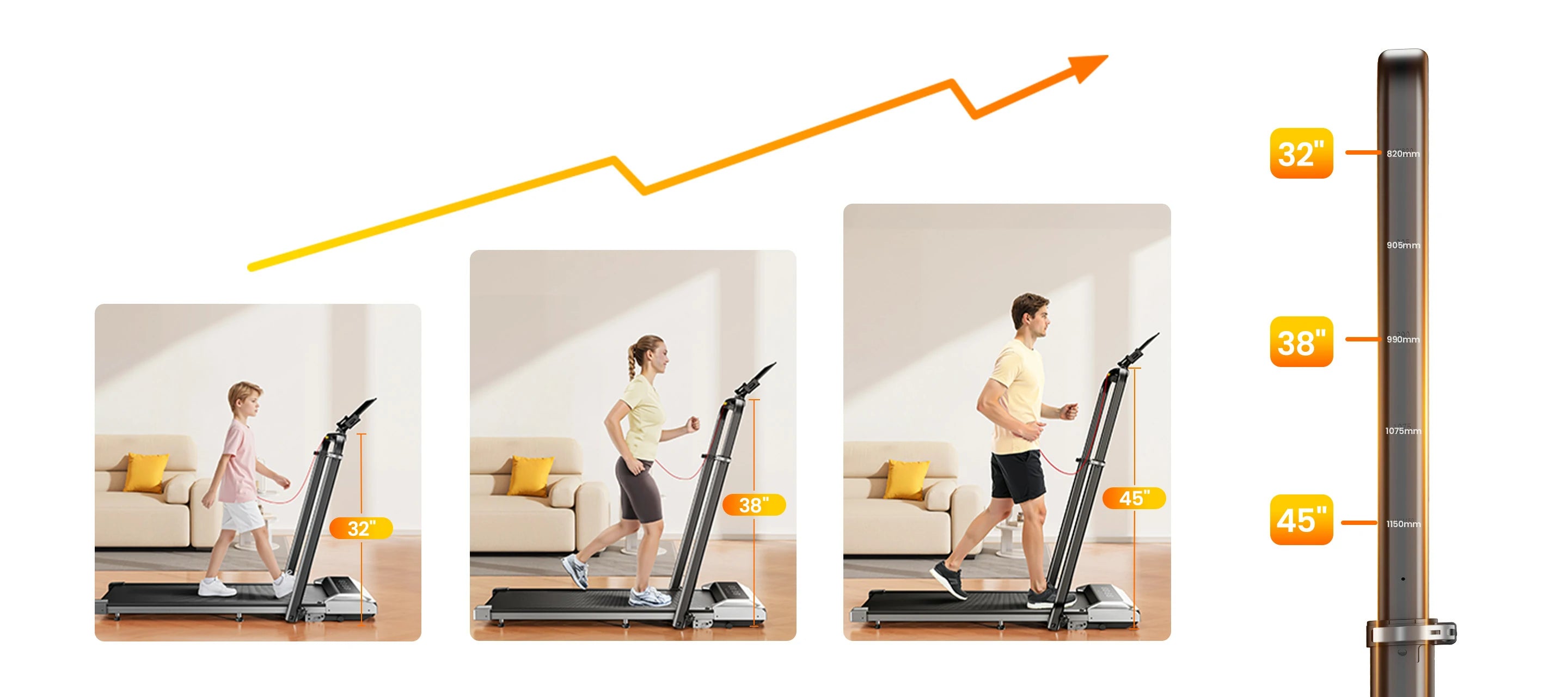 A child, woman, and man using the same treadmill, each with handrails adjusted to their height.
