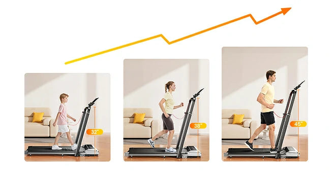 A child, woman, and man using the same treadmill, each with handrails adjusted to their height.

