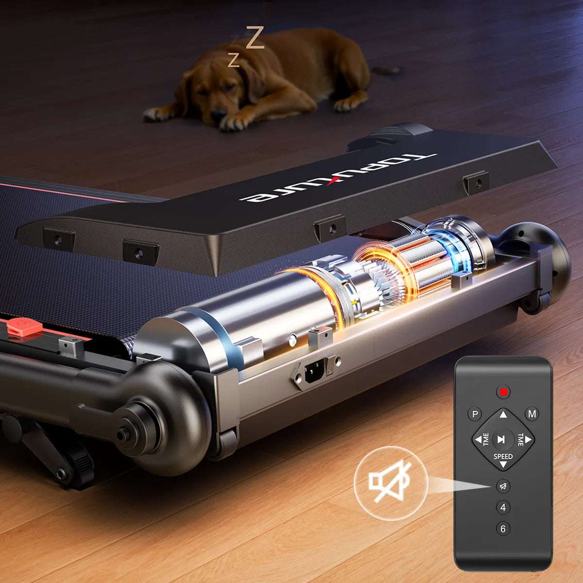 Pet treadmill with remote control on a wooden floor, dog resting in the background