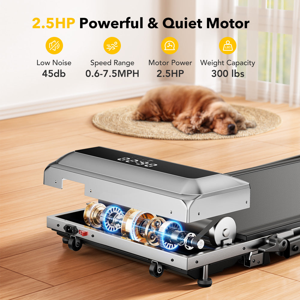 Treadmill with 2.5HP motor on a wooden floor, dog resting in the background