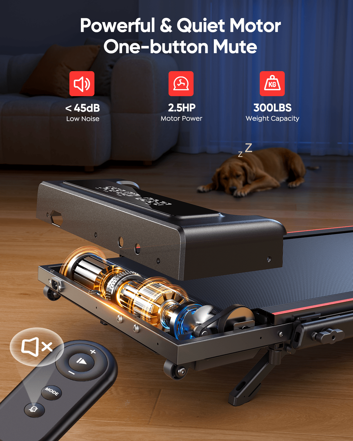 Toputure TP4 2 in 1 treadmill for home with a quiet motor, magnetic mute remote, and low-noise operation for peaceful home workouts.