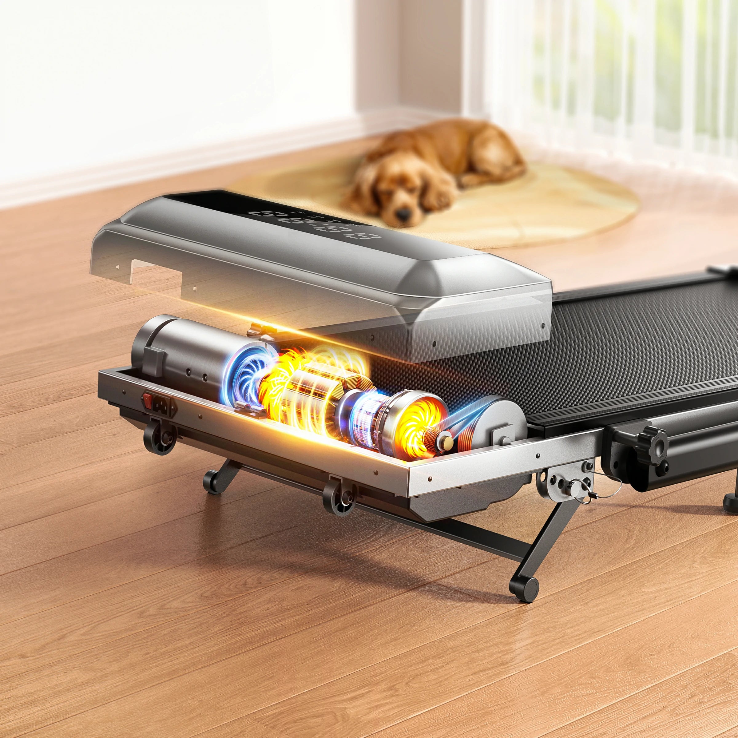 A treadmill with a 2.5HP motor, while a dog sleeps undisturbed nearby, demonstrating quiet operation.