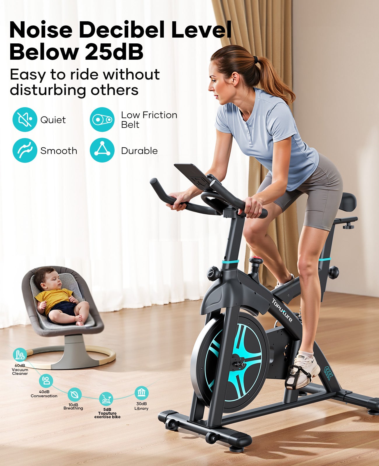 A woman riding an exercise bike at home while her baby sleeps, demonstrating TEB2’s low-noise operation suitable.