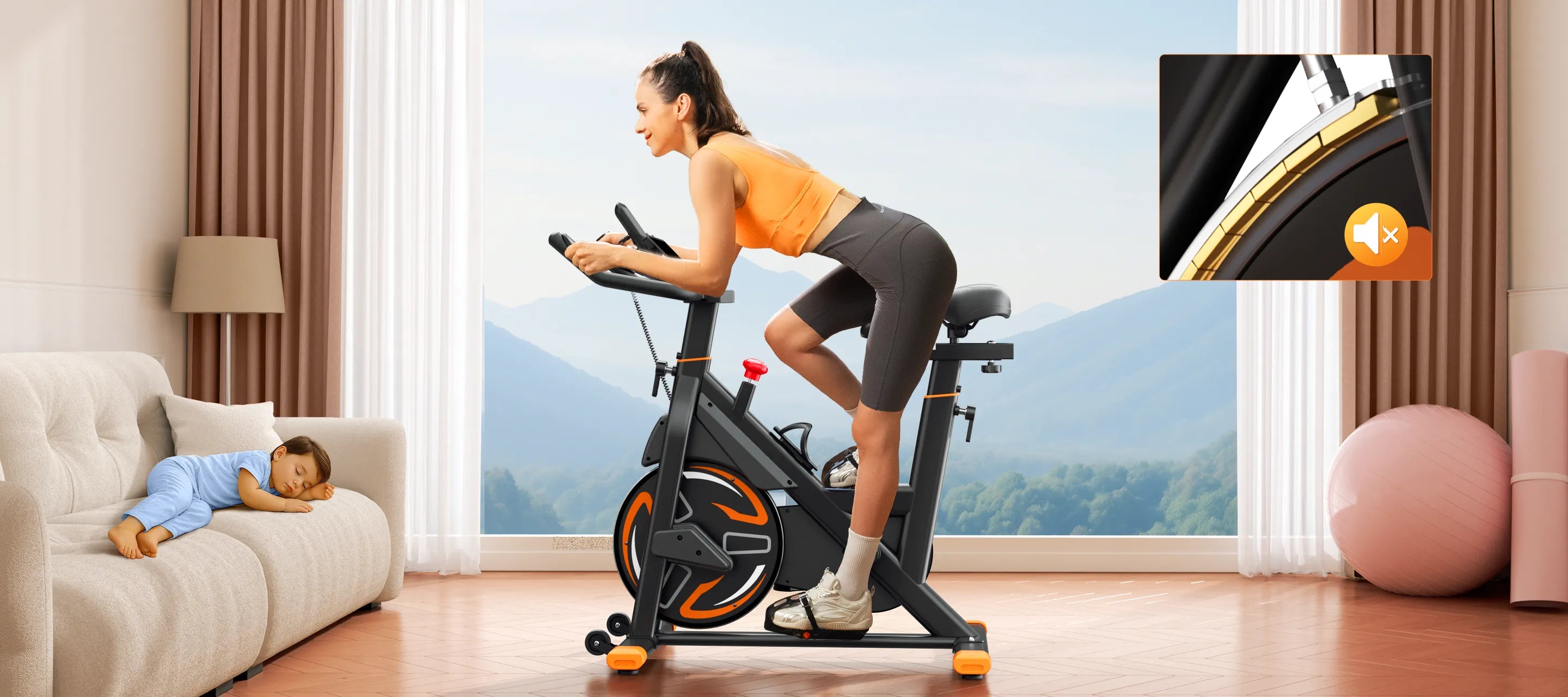 Woman exercising on a stationary bike in a home setting with a scenic view.
