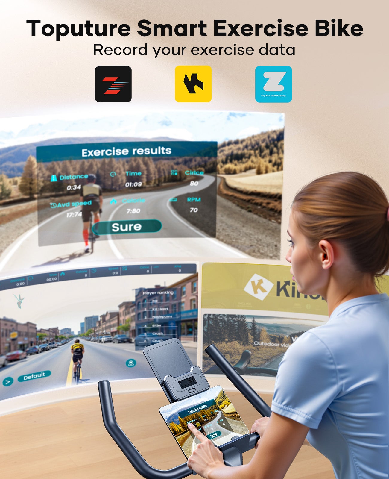 A person using a TEB2 with the companion app, immersed in a virtual cycling world that transforms home workouts.