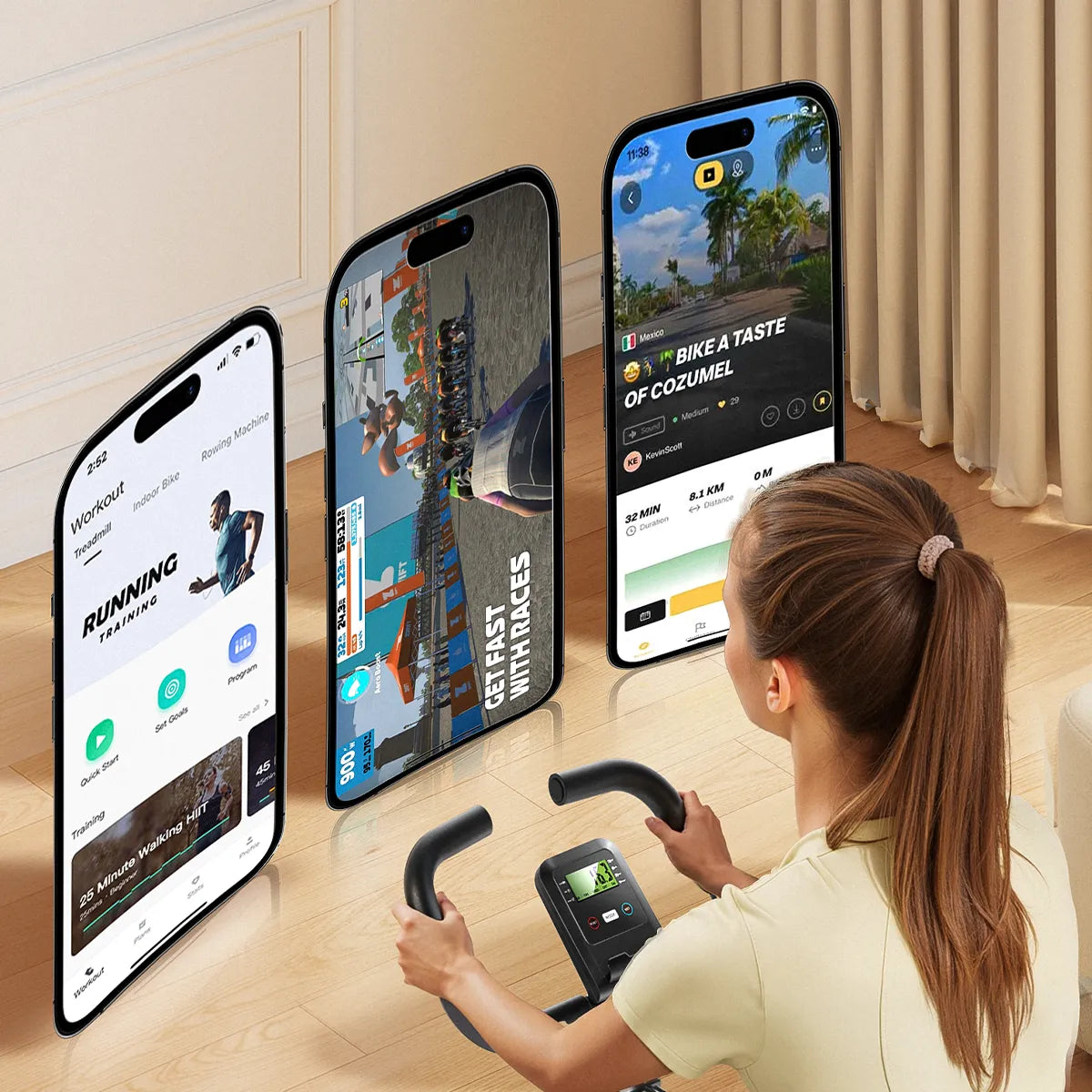 A person immersed in a virtual cycling landscape through a connected app, blending intense physical training with engaging digital scenery.