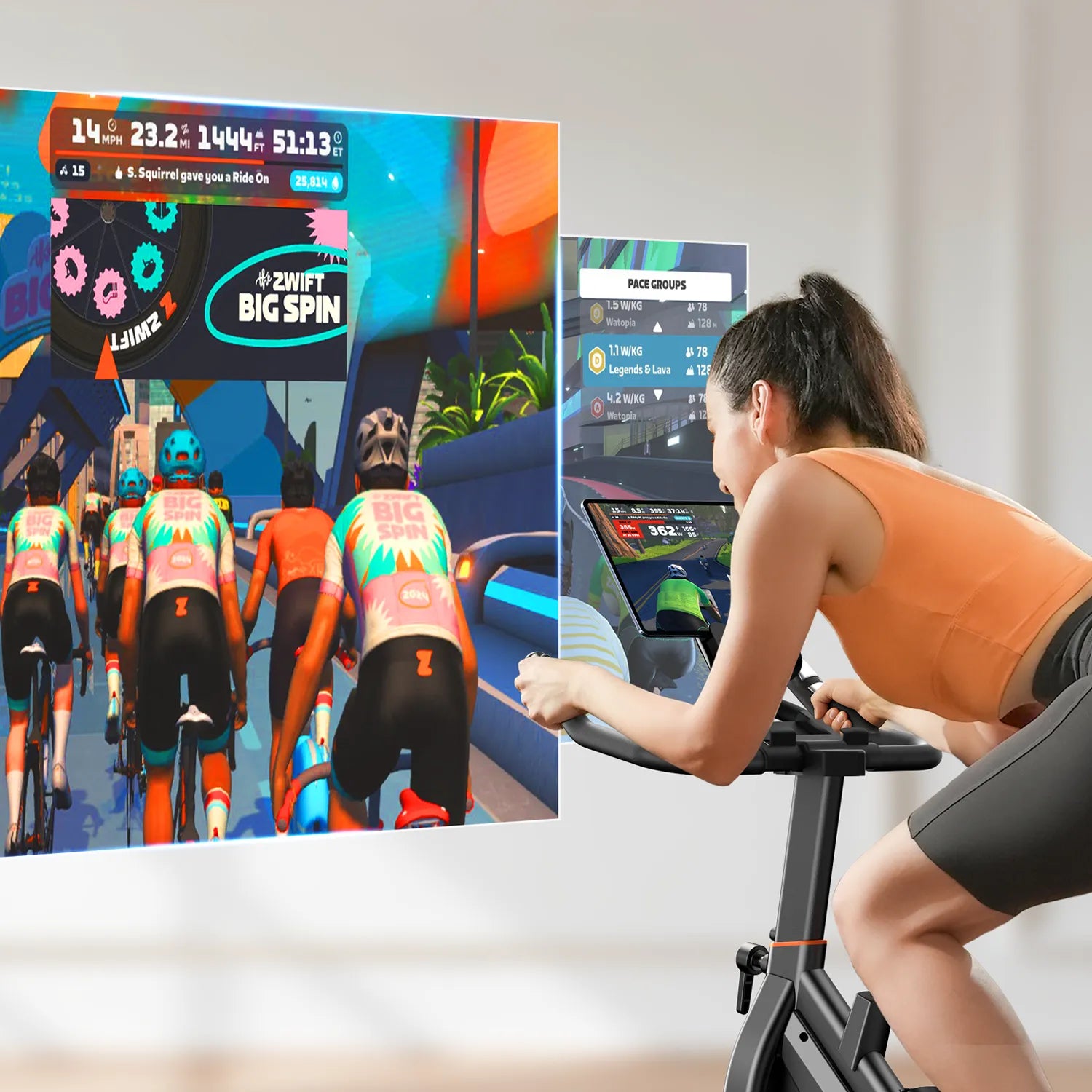 Woman exercising on a TEB3 exercise bike with Zwift app interface displayed.
