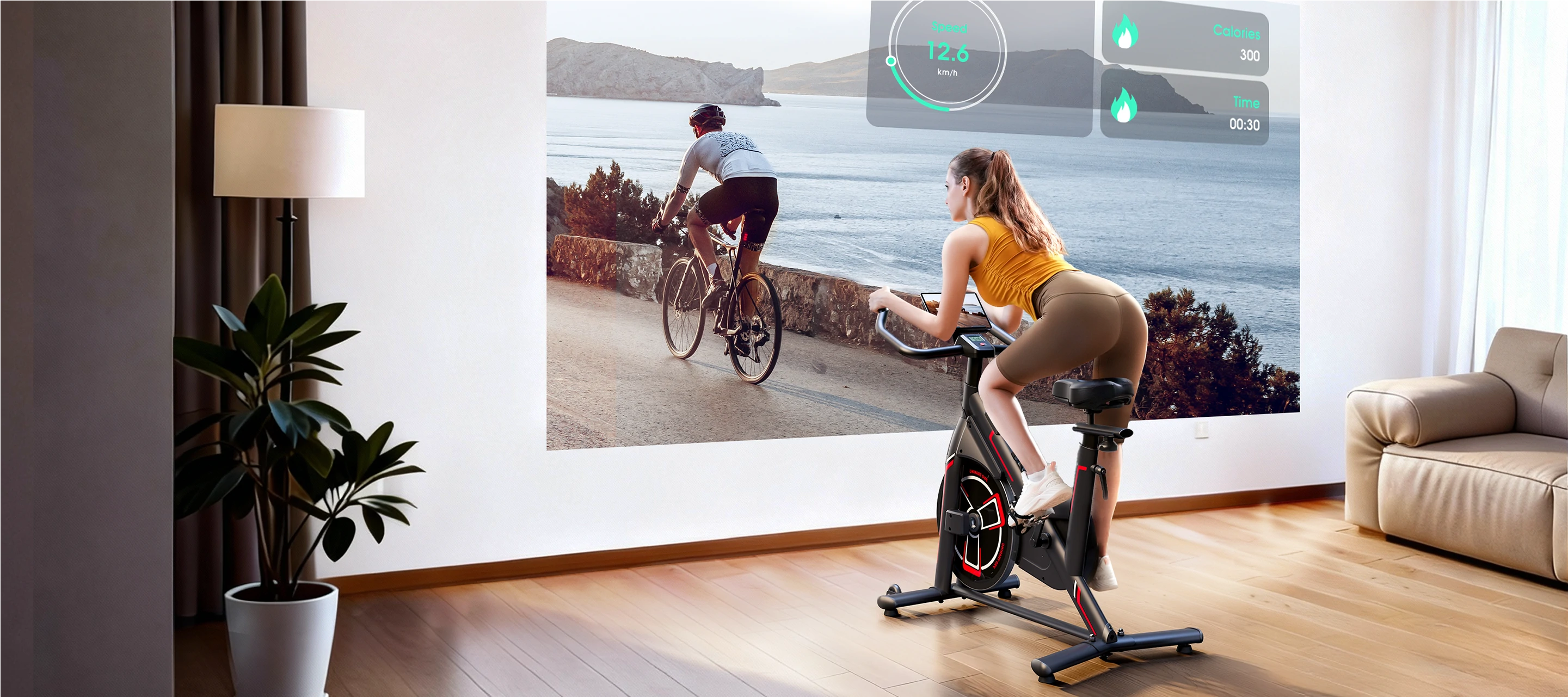  A woman cycling on an exercise bike at home, fully immersed in a virtual landscape projected by an app onto a large screen for dynamic indoor training.