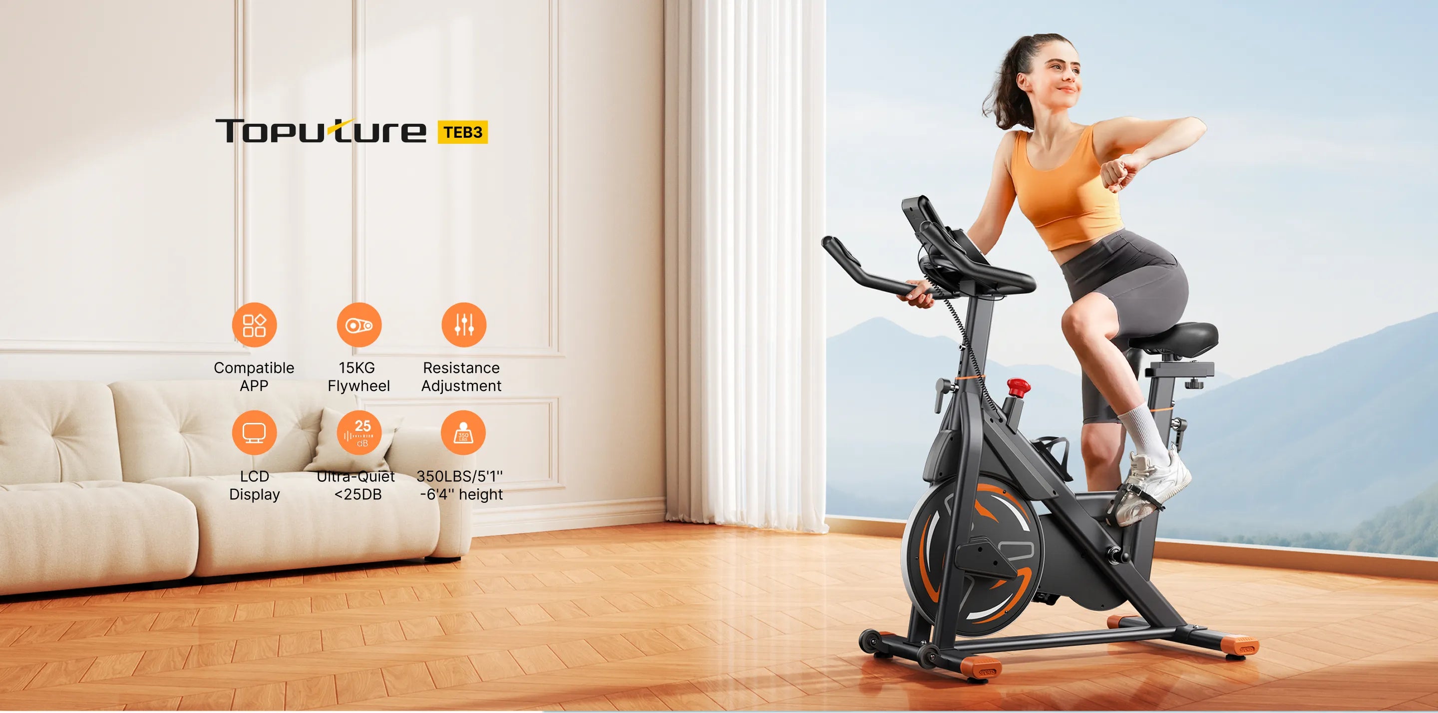 Woman exercising on a Toputure  TEB3 exercise bike in a room with a mountain view.
