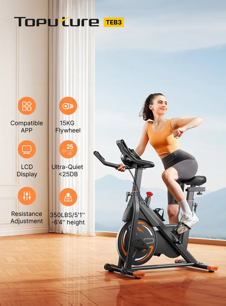 Woman using a Topulture TEB3 exercise bike with features listed on the left.