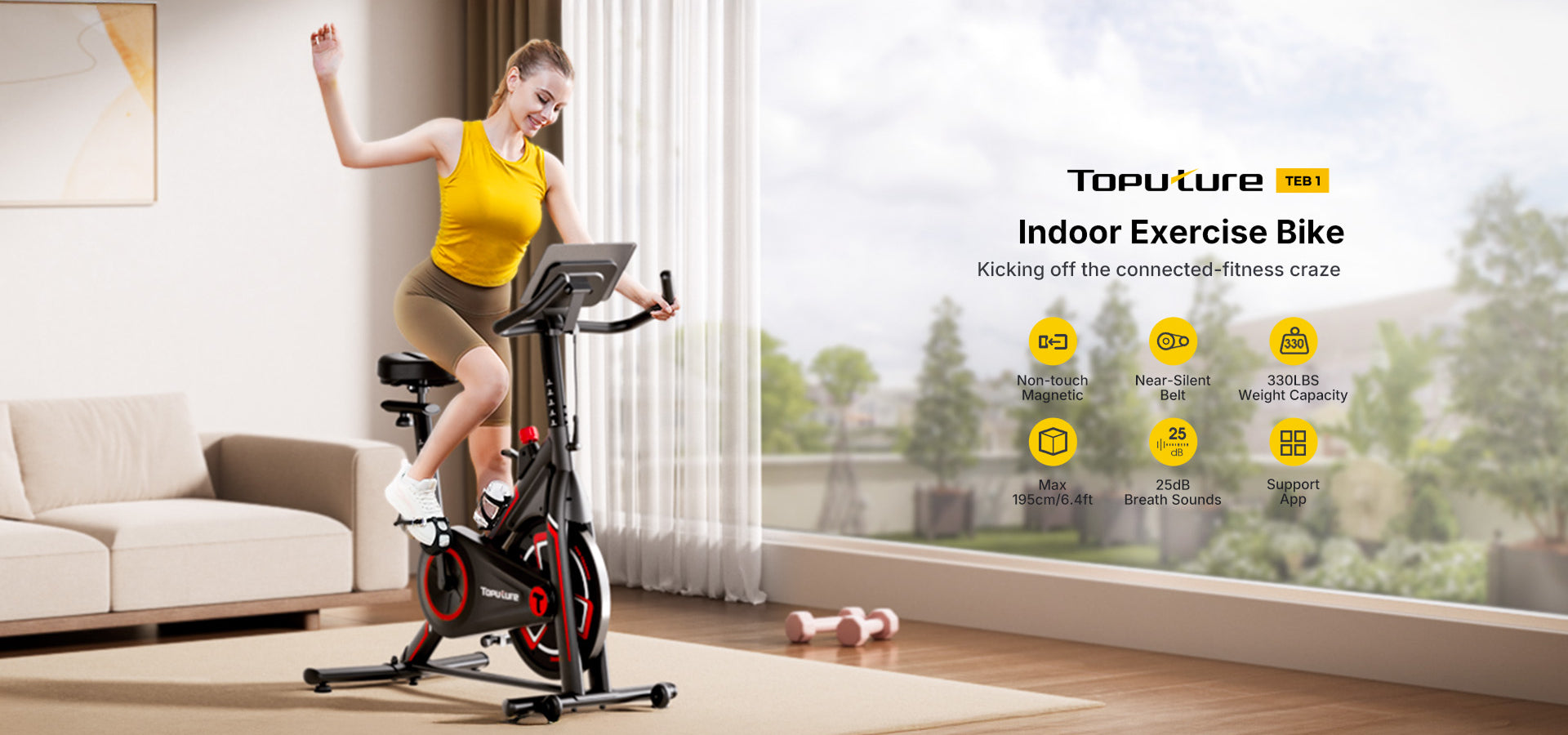 A woman enjoying an energetic indoor cycling workout on an exercise bike in her home living space.