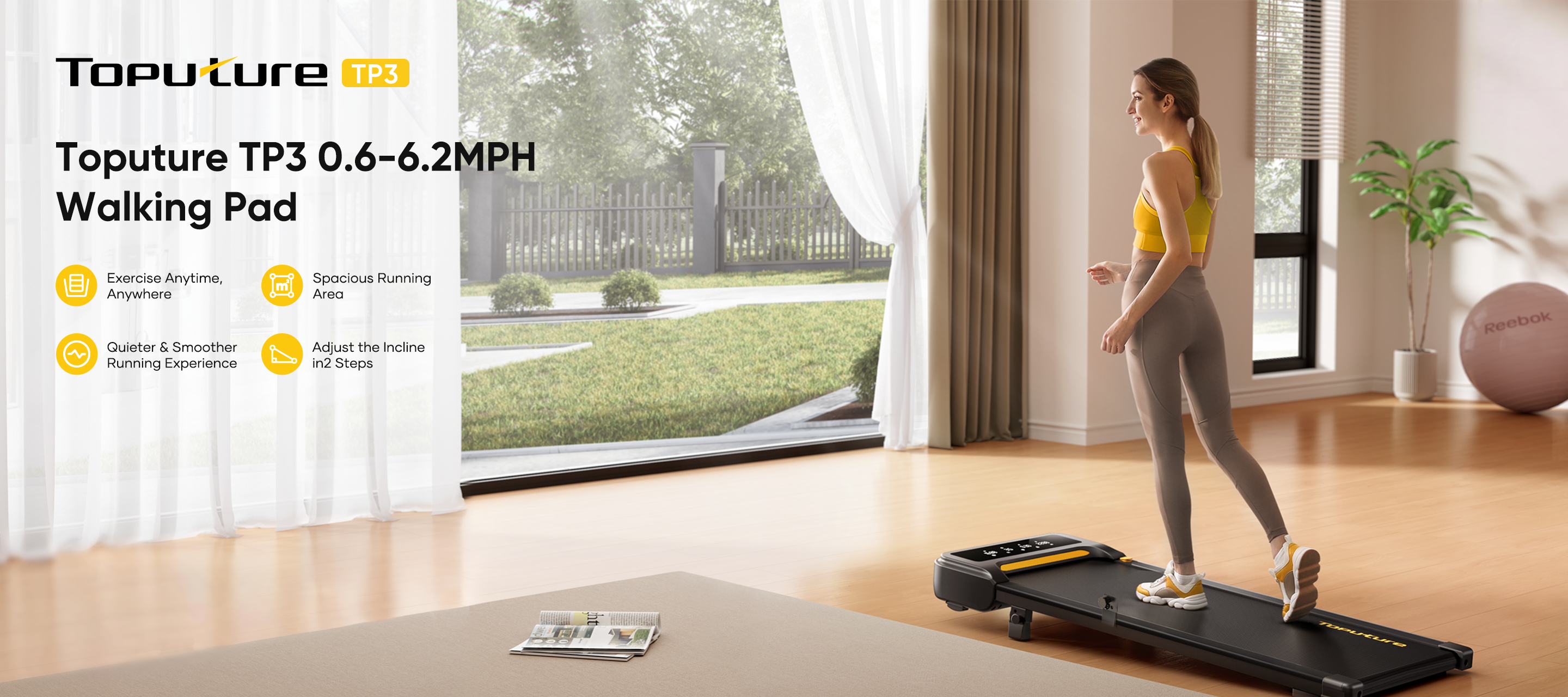  A woman cycling on a TEB2 exercise bike at home, with her dog sleeping soundly beside her and a scenic view outside the window.