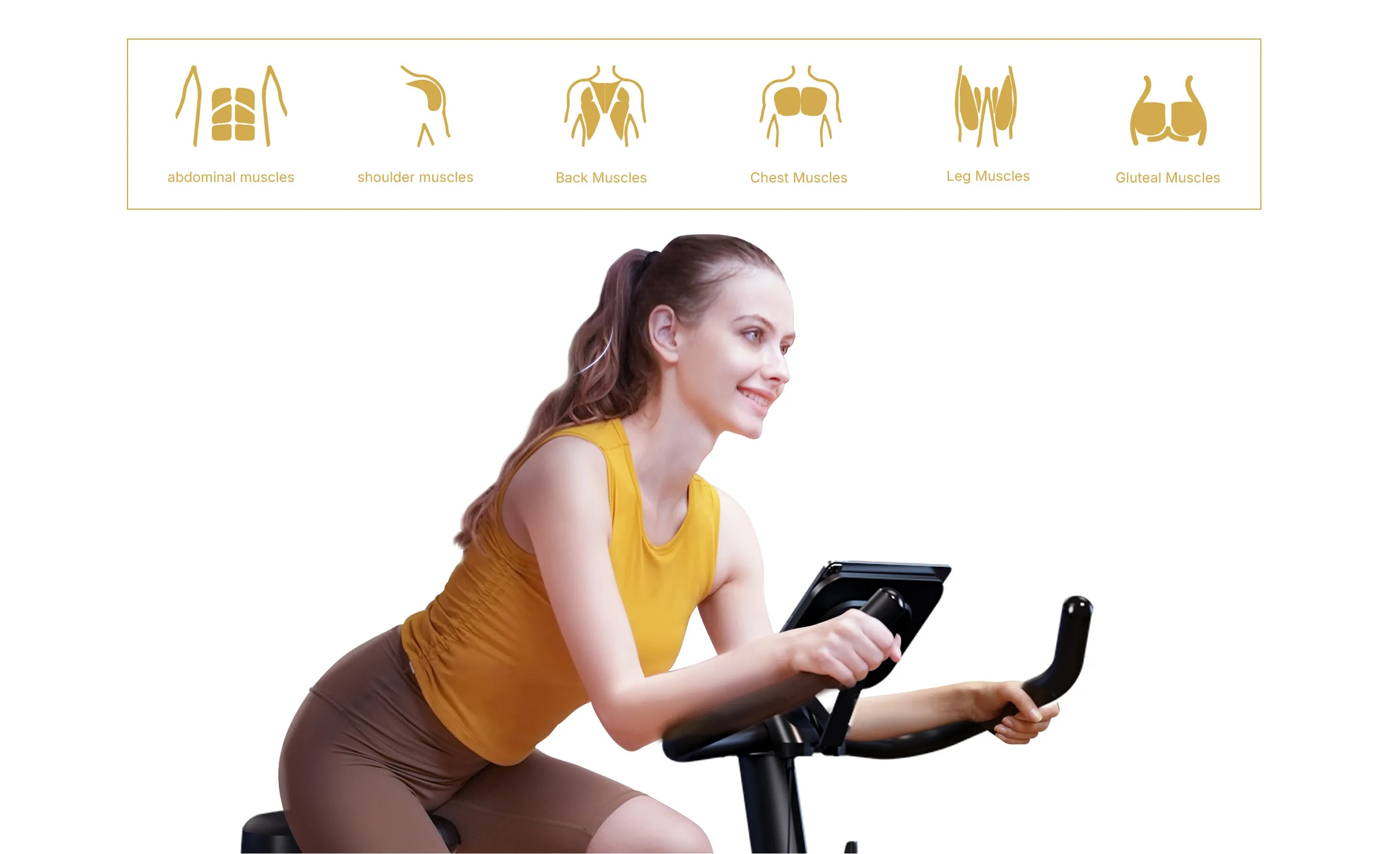 A woman cycling on an exercise bike at home, with graphics highlighting engaged muscle groups: legs, back, glutes, shoulders, chest, and abs.
