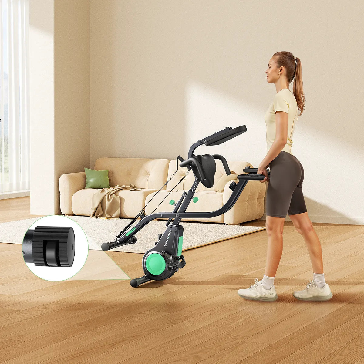 A woman effortlessly moving the TEB4 exercise bike using its integrated transport wheels, demonstrating easy relocation and storage.