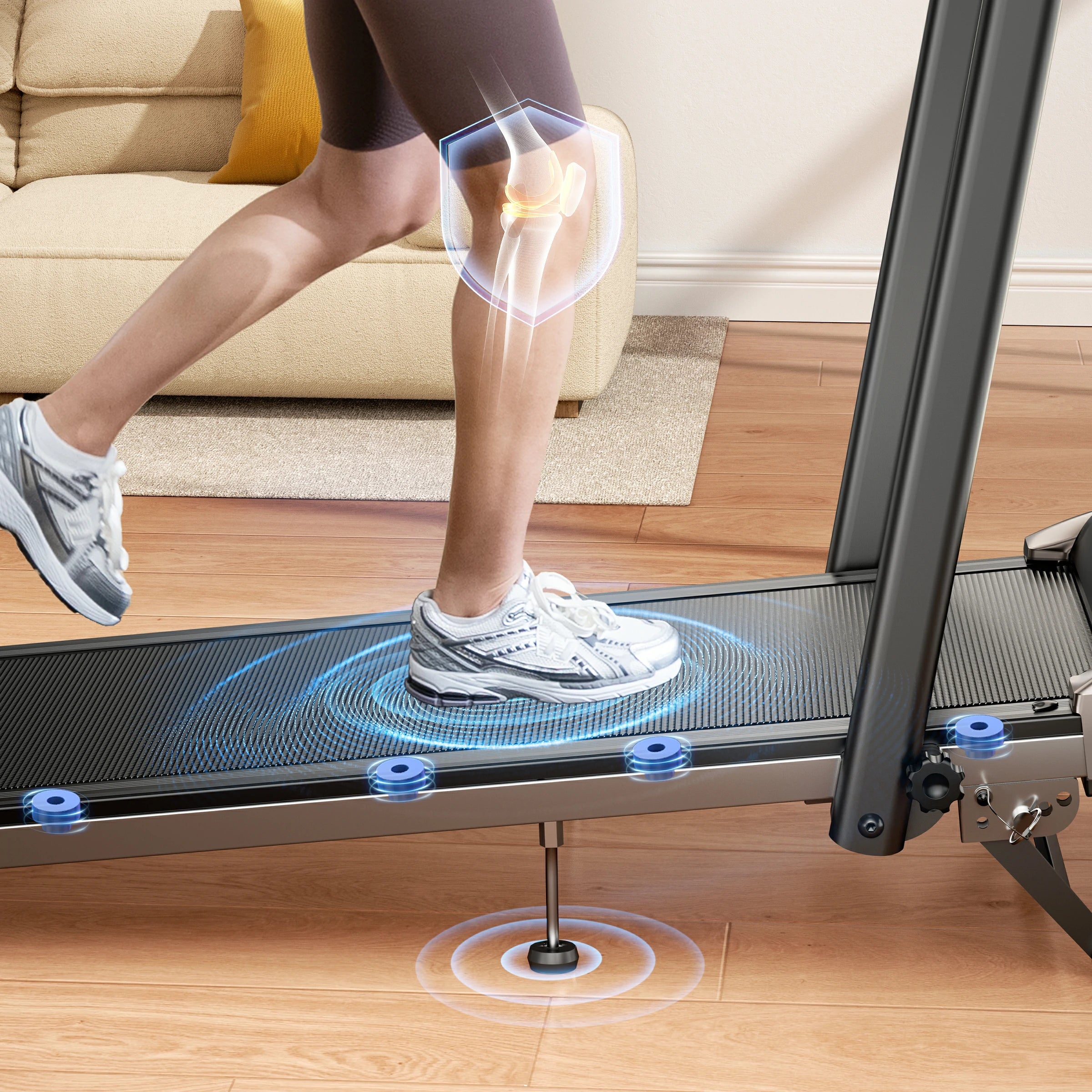 Diagram showing eight shock absorbers on a treadmill deck, with a knee graphic in a protective shield, highlighting joint protection technology.