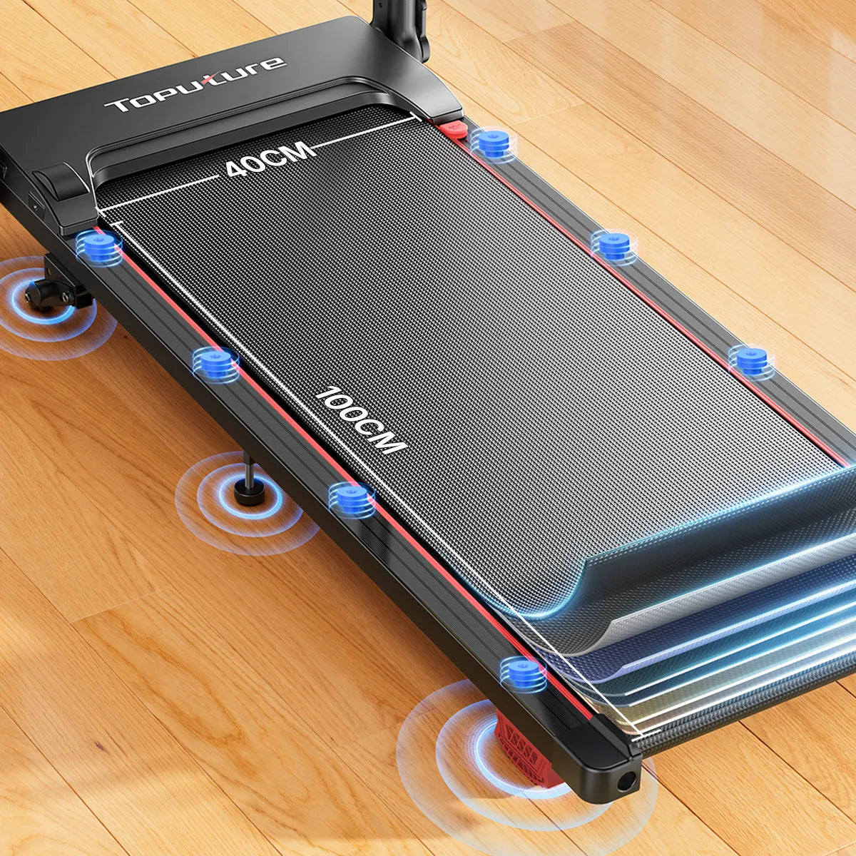 Foldable treadmill on a wooden floor with 'Topulture TP7 Treadmill ' branding.