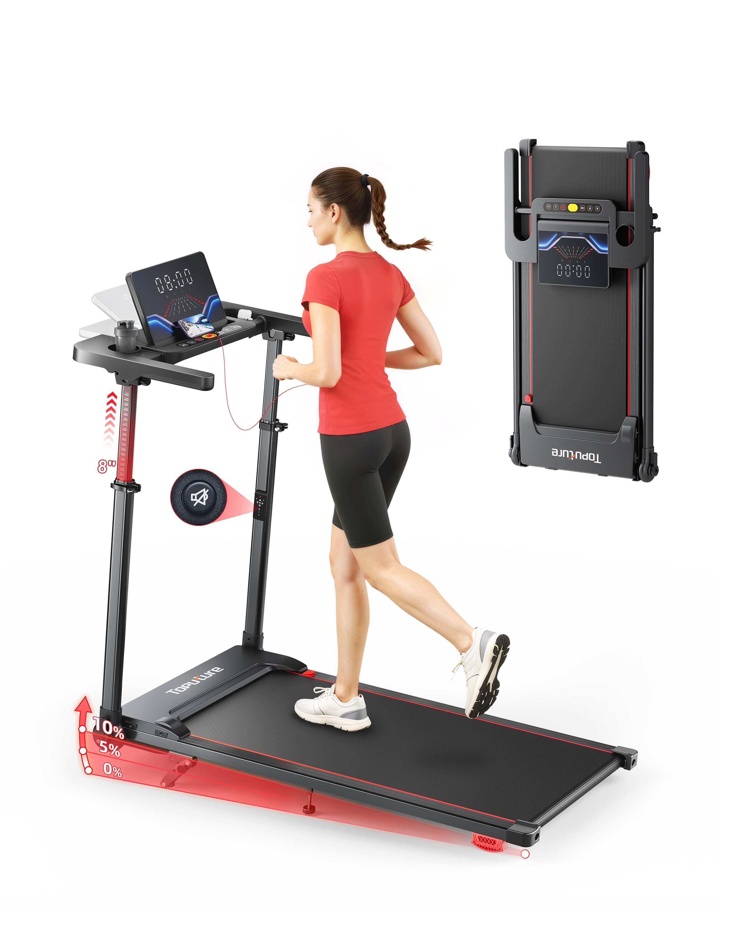Toputure TP7 folding treadmill featuring a built-in display and compact design for convenient home running workouts.