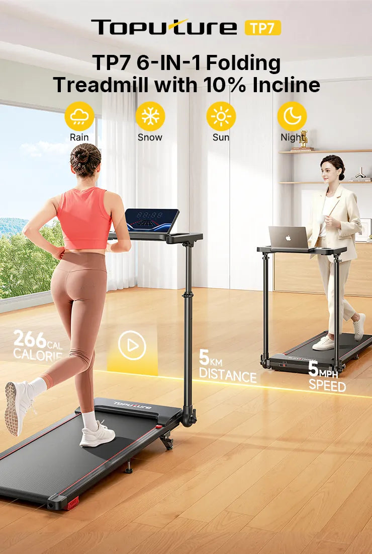 Toputure TP7 6-in-1 folding treadmill with 10% incline on a wooden floor.