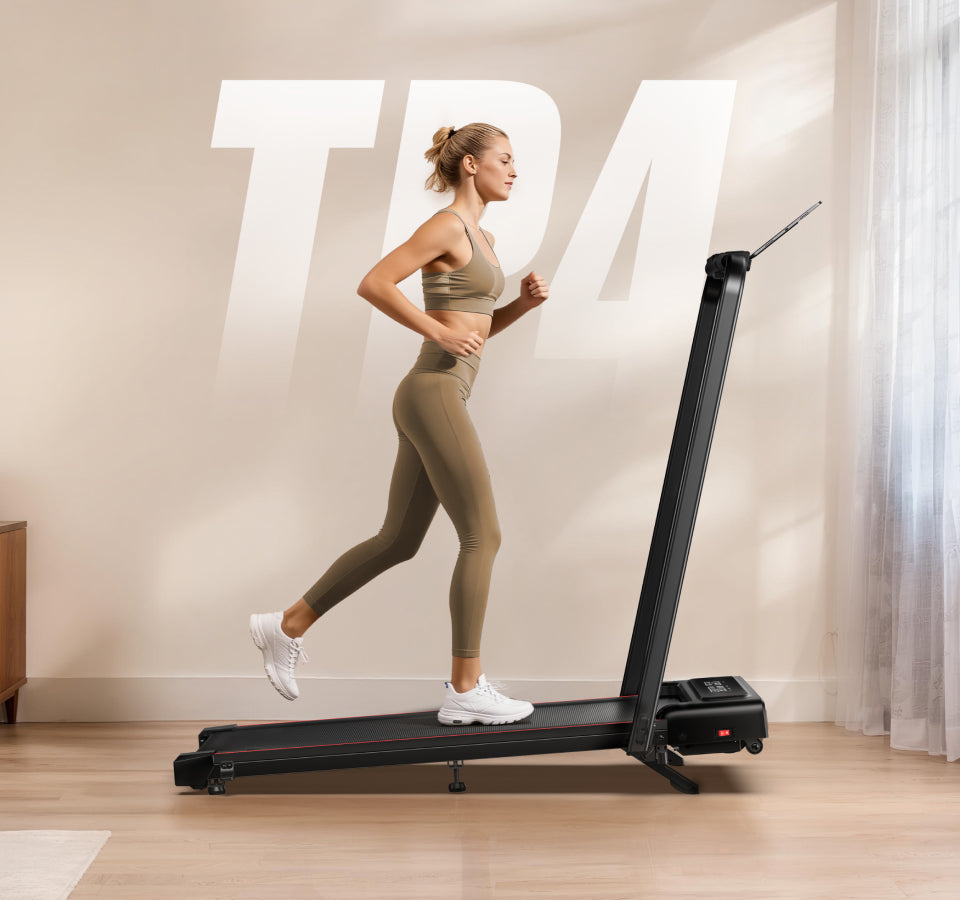 A woman enjoys a comfortable run on the TP4 treadmill in her cozy living room at home.