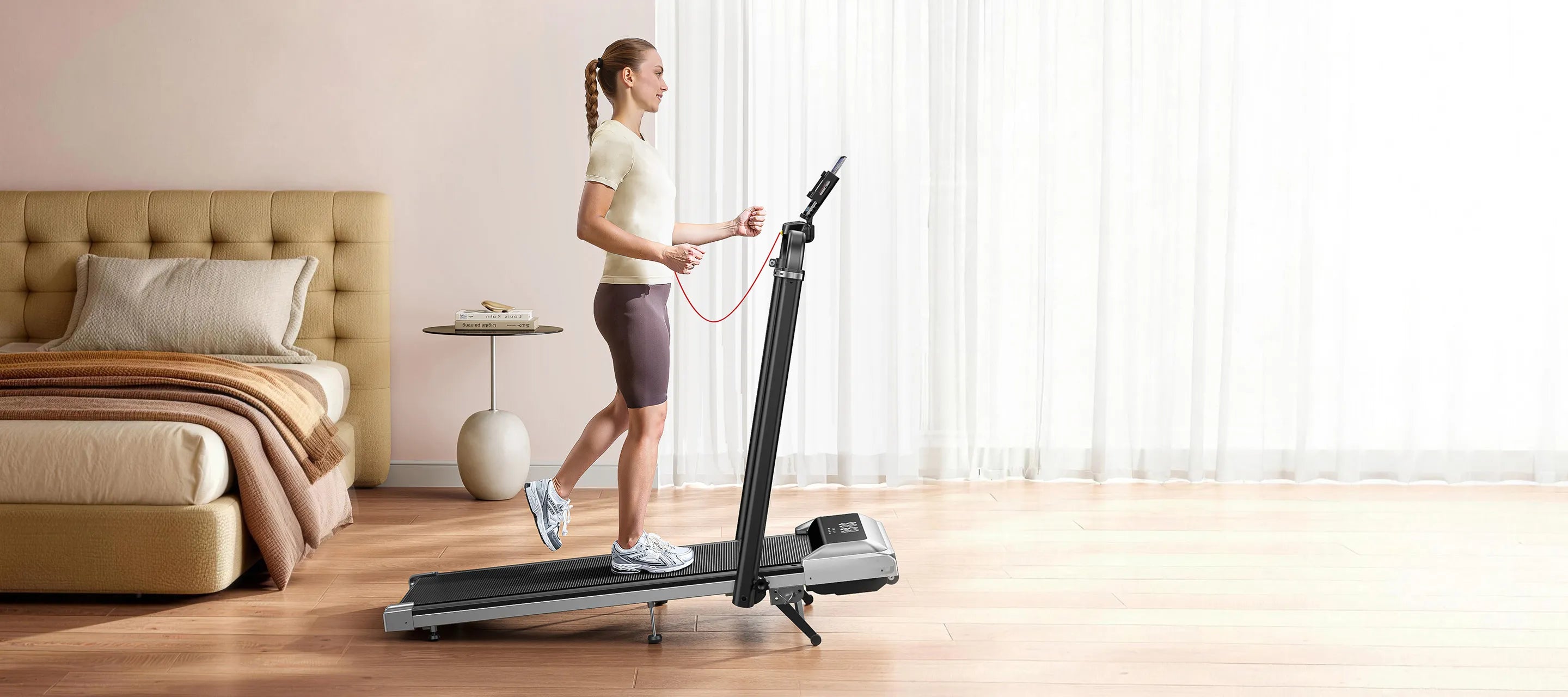Woman Running on Toputure TP6 Treadmill for Home Cardio
