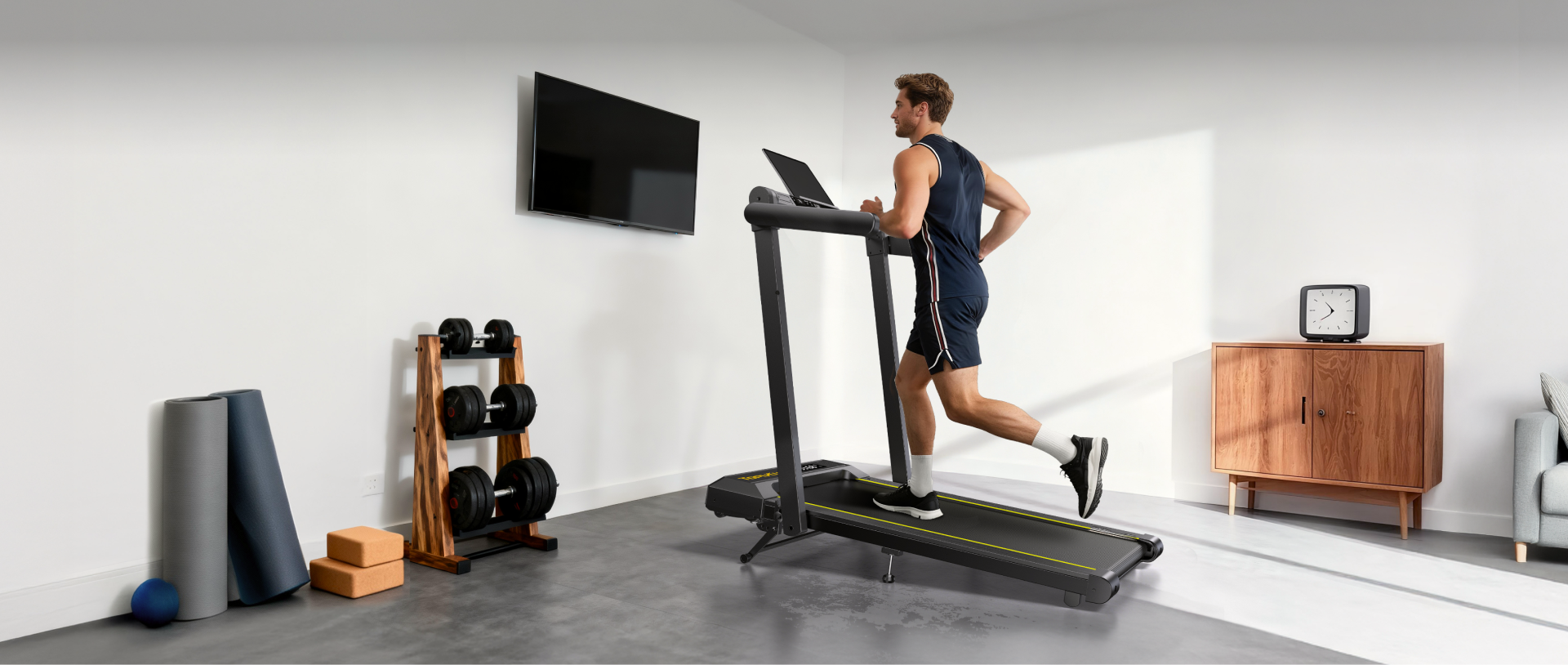 A man running on a Toputure TP5 treadmill in his modern home.