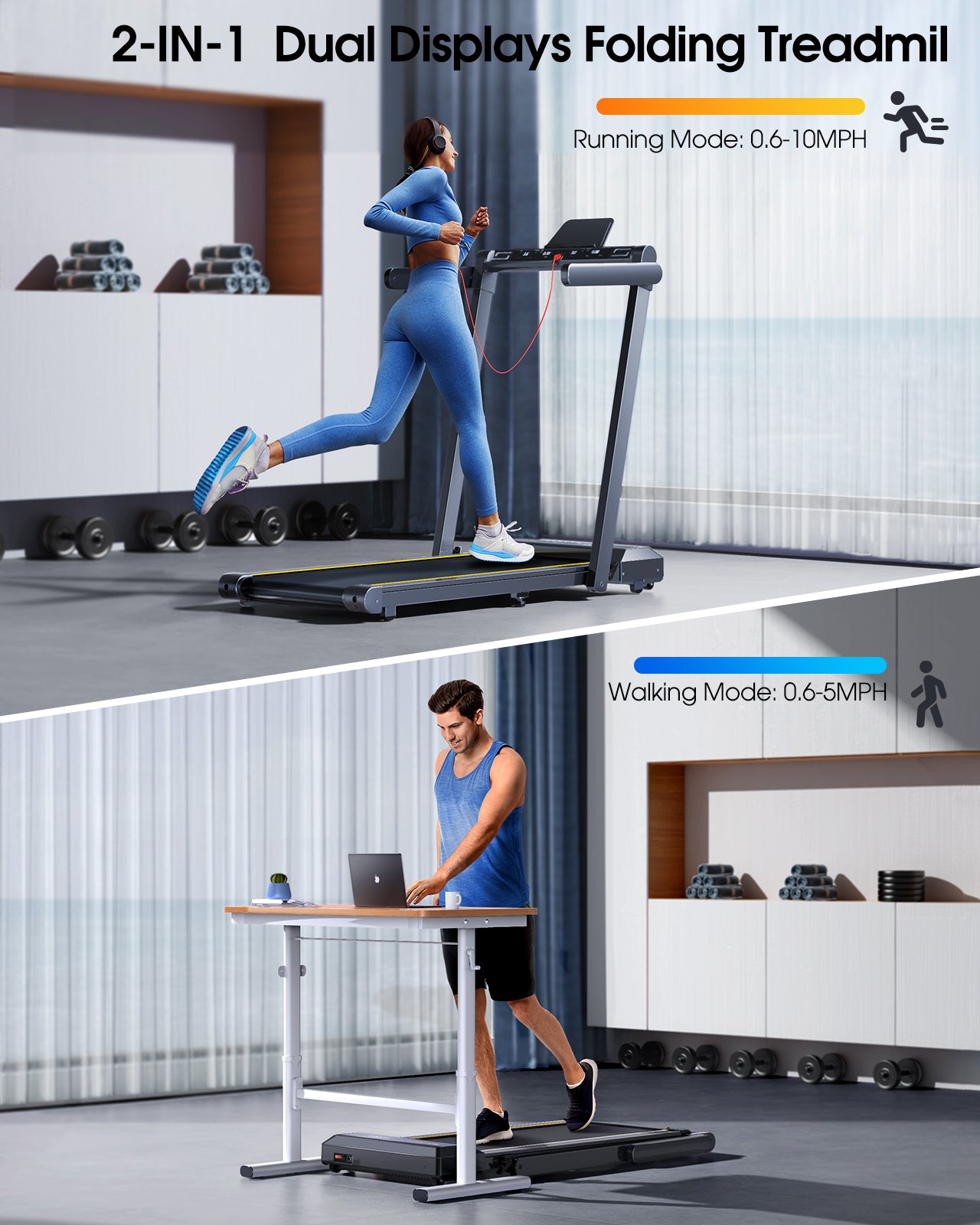 Top image shows a woman running on a treadmill while wearing headphones. Bottom shows a man walking under a desk during work.