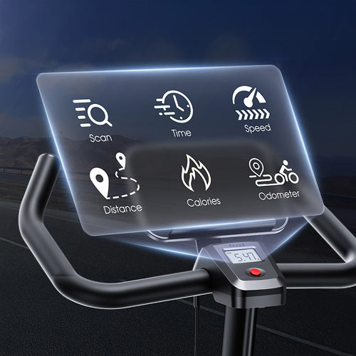 Clear electronic display on an exercise bike showing real-time workout metrics: time, speed, calories, and distance for instant progress tracking.