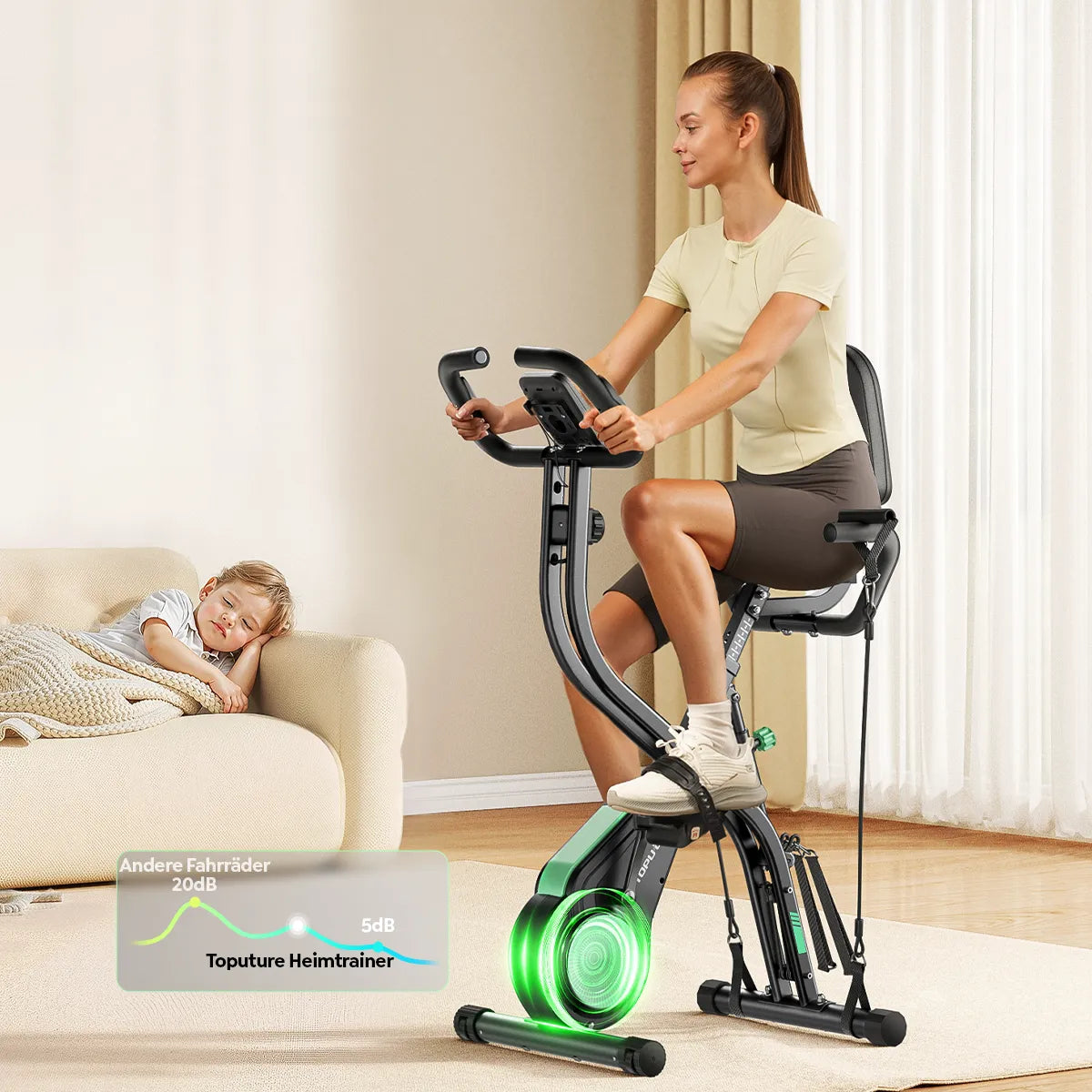 A woman cycling smoothly on the silent TEB4 exercise bike at home, while her child sleeps undisturbed on the nearby sofa.