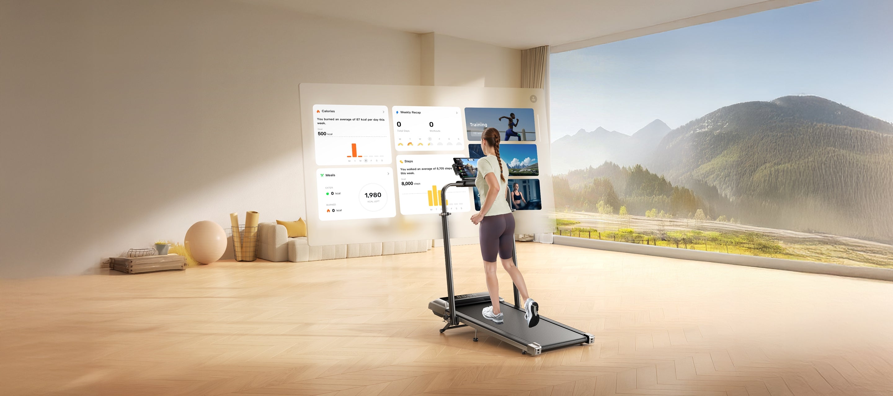 A woman running on the Toputure TP4 treadmill at home, interacting with the connected fitness app displayed on the console.