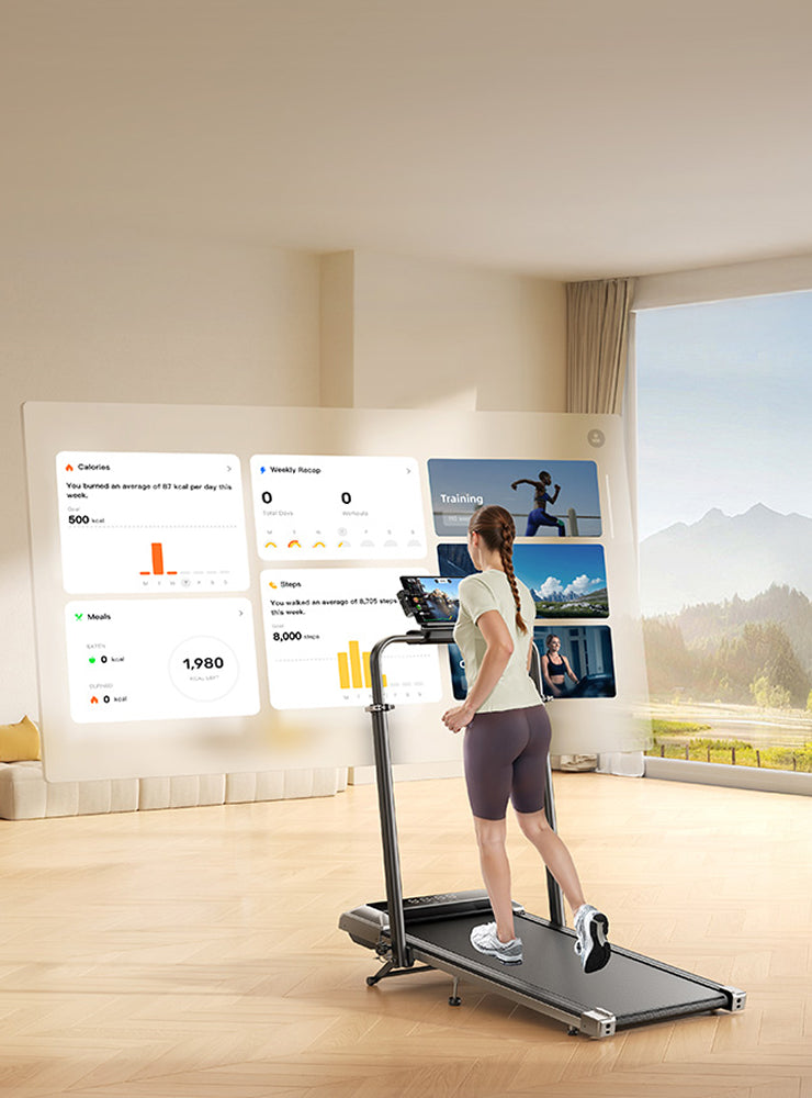 A woman running on the Toputure TP4 treadmill at home, interacting with the connected fitness app displayed on the console.