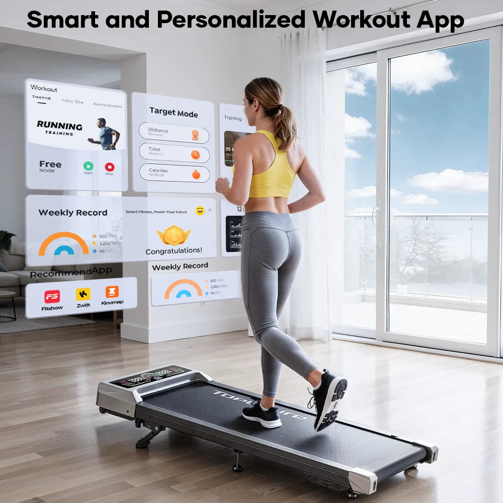 A person is using a TP8 walking pad in conjunction with an app for immersive running.