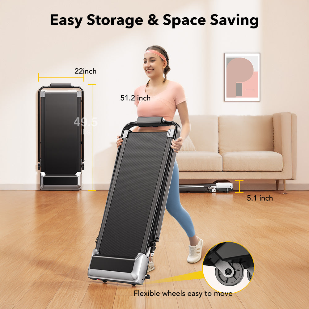 Woman holding TP2 portable treadmill with dimensions displayed, emphasizing easy storage and space saving.
