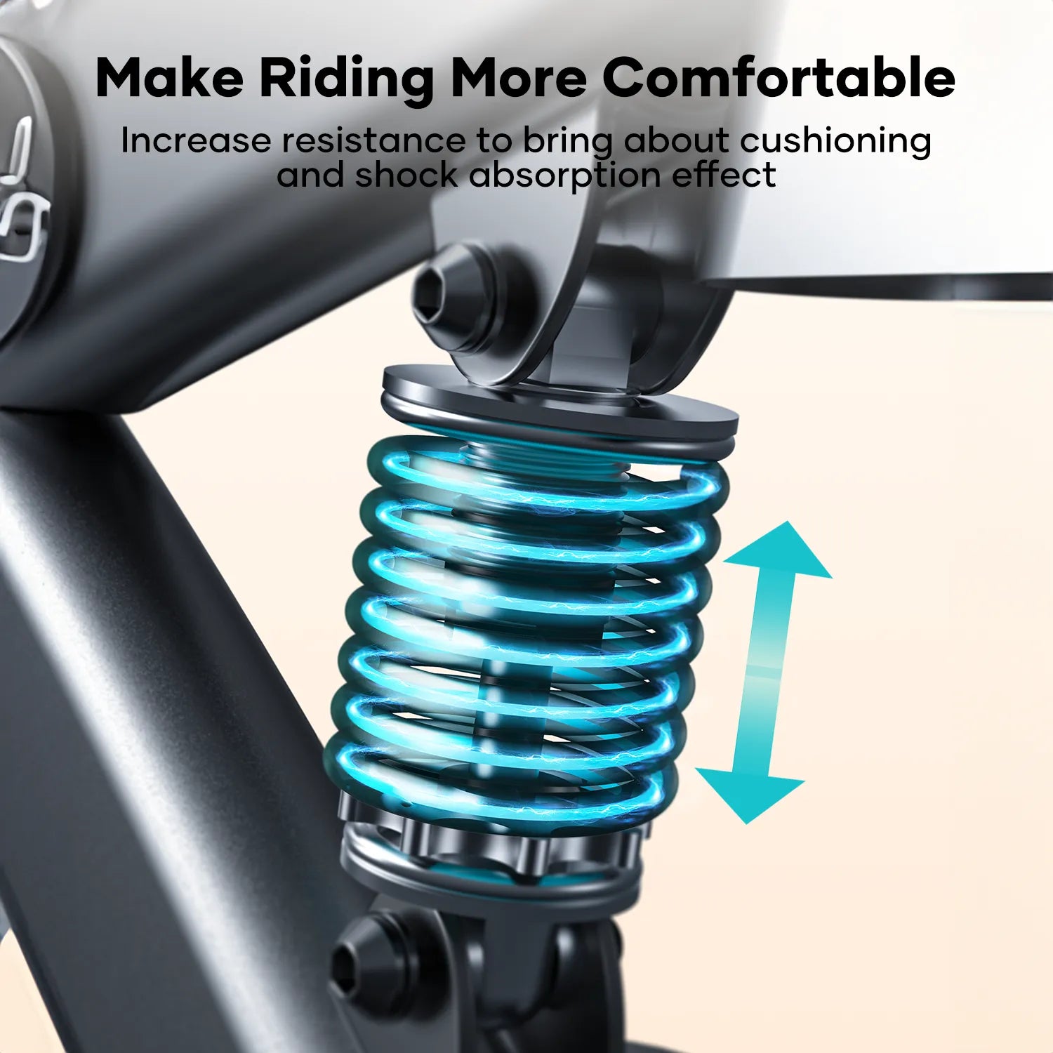 Close-up of a bicycle suspension fork with text highlighting its benefits.