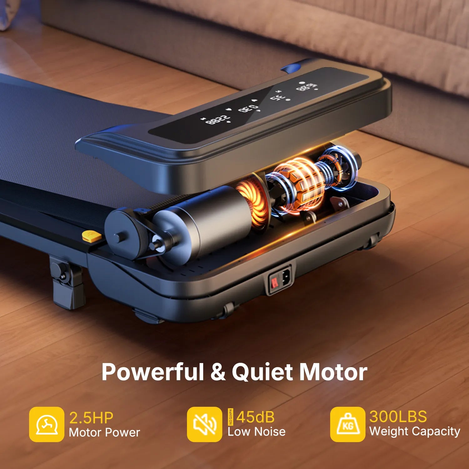 Even at full power, the 2.5HP Toputure treadmill maintains quiet operation, allowing a pet to nap peacefully just feet away.